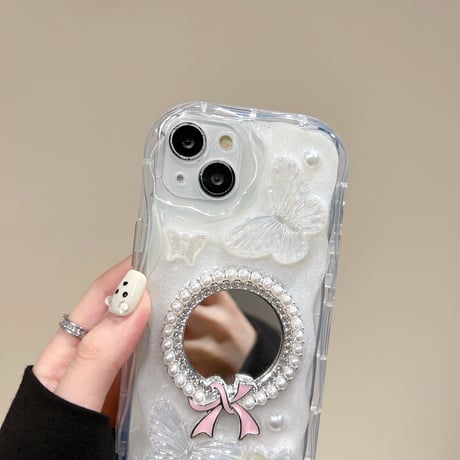 女子力アップ アイフォン15プロ/15カバー 鏡付 蝶クリアiPhone14Pro/13/12ケース お洒落 [M4303]