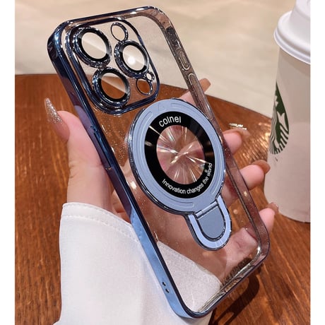 Magsafeスタンド キラキラiPhone17/16Proケース おしゃれ透明 アイフォン15Pro/14pro/13/12カバー 黄ばまないメッキ レンズカバー 丈夫[M4695]