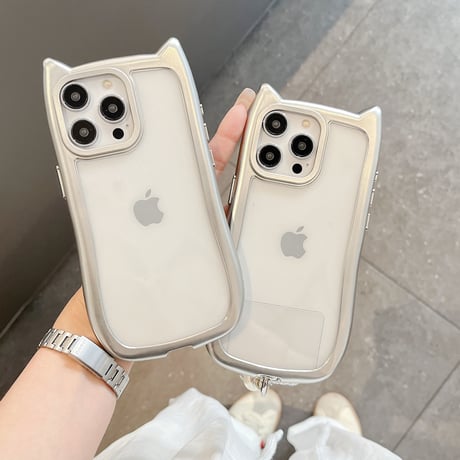 猫の耳 iPhone15pro/15promaxケース ストラップ付 アイフォン14プロ/13pro/12promaxカバー 黄ばまない 可愛い[M4309]