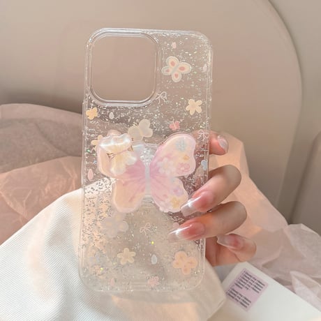蝶グリップ iPhone16pro/16ケース グリッター入り iPhone15promax/14pro/13/12カバー スタンド付 人気アイテム[M5270]