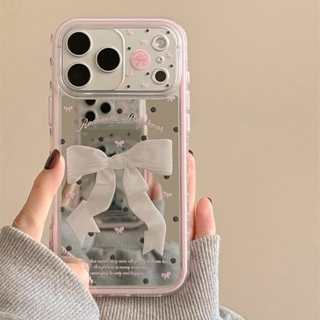 リボン柄ミラー iPhone17Pro/17ケース 2層構造 頑丈 iPhone17ProMax/16Pro/15カバー かわいい 女子力アップ [M6218]