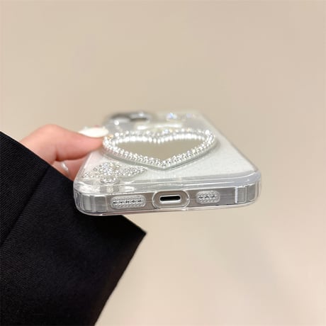 ジュエリーハート鏡 iPhone15/15pro/15plusケース リボン/蝶 iPhone14/13pro/12ケース 女子力アップ 黄ばまない[M4507]