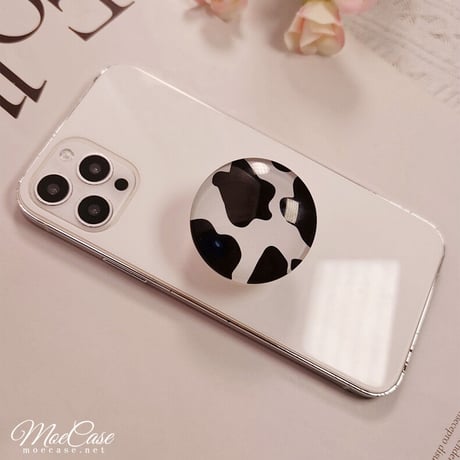 クリスタル スマホグリップスタンド イチゴ/ピーチ/黒花/牛柄 かわいい 粘着タイプ キラキラ 全機種対応 オシャレ トレンド[M3107]