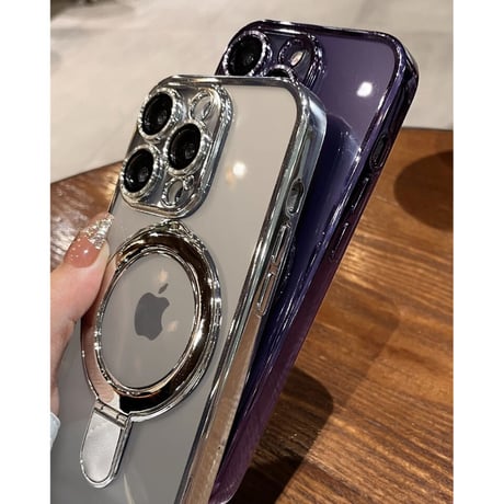 MagSafeスタンド一体型 iPhone16Pro/15ProMaxケース カメラ保護 クリアiPhone14pro/13Proケース メッキ 黄ばまない 色剥げない[M3617]