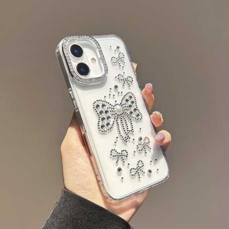 ハンドメイド iPhone16pro/16plusケース ダイヤリボンデコ iPhone15promax/14/13カバー オシャレ キラキラ[M5456]