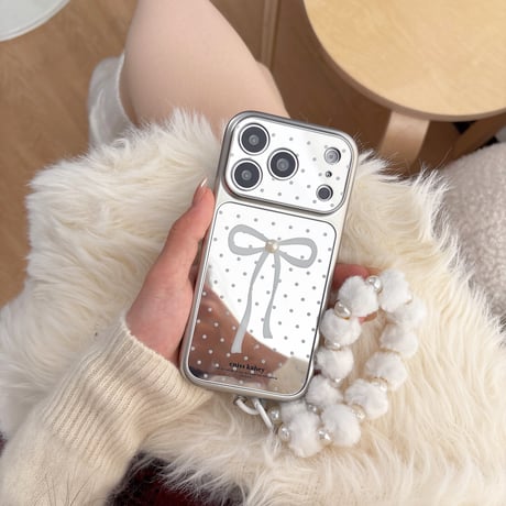 リボン柄ミラー iPhone17pro/17ケース パールデコ 水玉模様 iPhone16/15proケース 可愛い毛玉ストラップ 女子力高い[M6055]