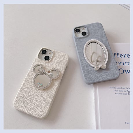 鏡付きレザー iPhone15/14proケース ジュエリーデコアイフォン13/12/11proカバー 可愛い シンプル 実用[M3345]