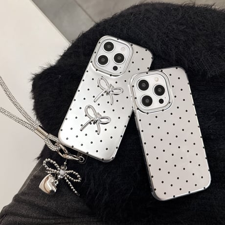 水玉模様 iPhone16/16proケース リボン ハートストラップ iphone15pro/14/13/12proカバー  綺麗 人気 ガールズファッション[M5082]