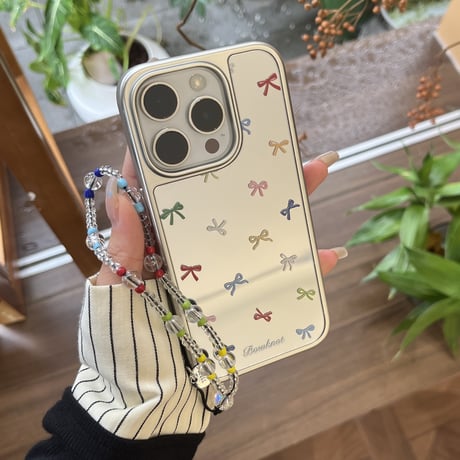 リボン ミラー iPhone16/16Proケース ストラップ付 iPhone15Pro/14/13 大人可愛い 丈夫[M4730]