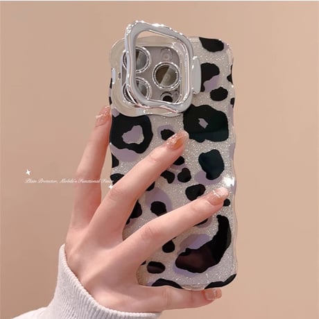 スタンド付ヒョウ柄 iPhone16/16proケース キラキラうねうね iphone15promax/14/13カバー おしゃれ 大人可愛い[M4940]
