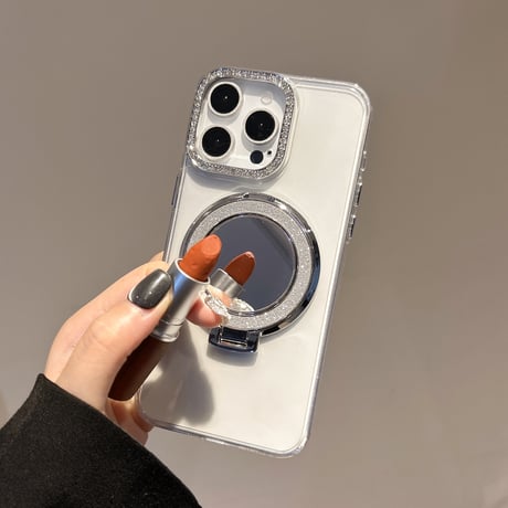 ミラーリングスタンド アイフォン16/16proケース ジュエリー iPhone15pro/14/13proカバー オシャレストラップ 高透明 [M5506]