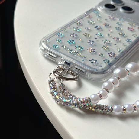 キラキラ花 iPhone17pro/17ケース ラメ入り iPhone16/15proケース 可愛いパールストラップ 女子力高い[M6160]