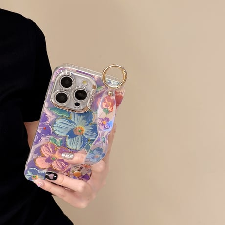 ベルト付 花柄 iPhone15Pro/15promaxカバー キラキラおしゃれ アイフォン14プロ/13/12ケース 光る [M4382]