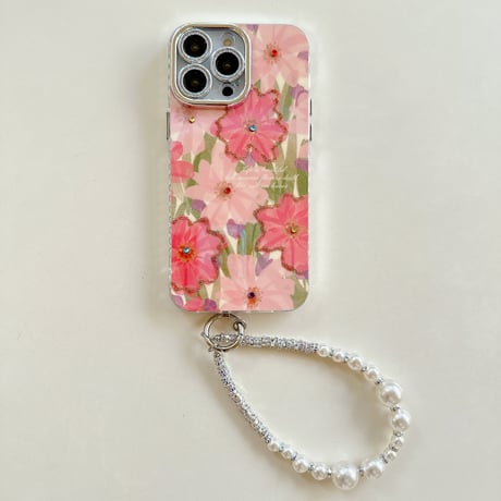 光る花柄 iPhone15/15proケース パールストラップ付 iPhone14pro/13promax/12ケース 可愛い 春夏コーデ[M4111]