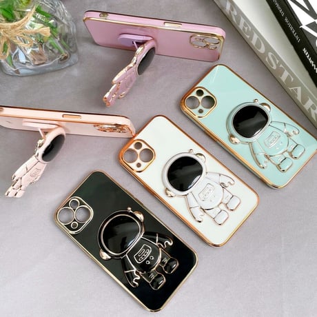 宇宙飛行士グリップ iphone14/13promaxケース ツヤ感金色枠 iphone12mini/SE3/11カバー  高級感  保護力強いソフトケース 落下防止 スタンド機能あり[M1982]