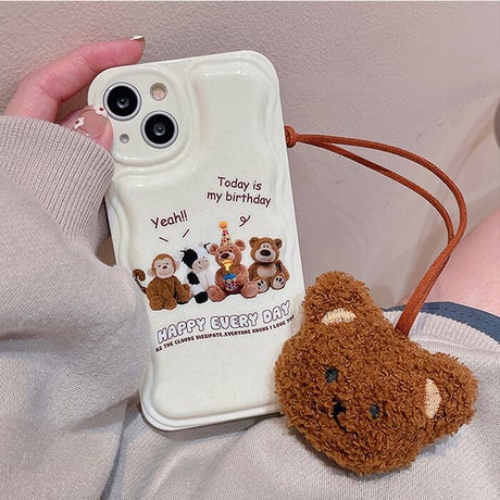 ぬいぐるみ柄  iphone14pro/14plusケース  クマちゃんストラップ付 iphone13/12/11カバー 超可愛い プレゼント 実用[M2315]