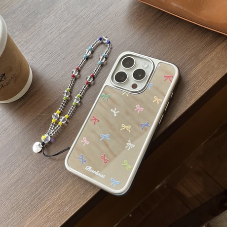 リボン ミラー iPhone16/16Proケース ストラップ付 iPhone15Pro/14/13 大人可愛い 丈夫[M4730]