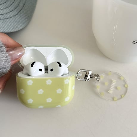 抹茶色 AirpodsPro3ケース 白花  エアポッズ4/3  AirpodsPro2/Proカバー キーホルダー/リング ギフトにおすすめ [M5756]