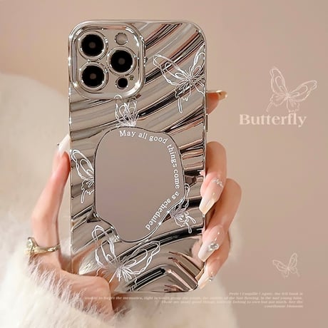 ミラー iPhone15/15Proケース シルバー 蝶柄 iPhoneSE2/14/13Pro/12ケース シック 波紋 ファッションセンスいい [M3805]