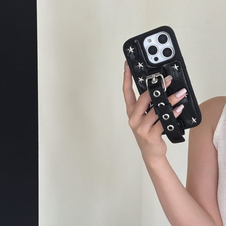 レザー调 バンド iPhone18Pro/18ProMaxケース スタッズ付 落下防止iPhone17/15Pro/14Promaxカバー 大人シック[M6718]