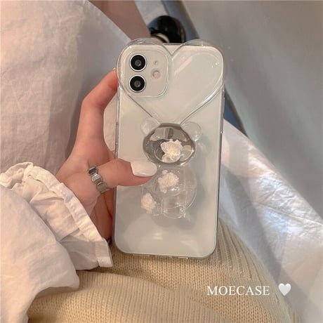 熊グリップ ハート型 iphone13/12promaxケース 透明iphone11/xsmaxカバー  スタンド・リング一体型  オシャレ キラキラ プレゼントにおすすめM1317