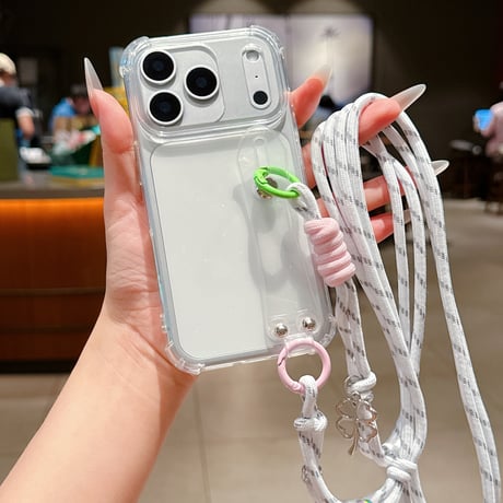 ショルダーストラップ付 iPhone17Pro/17ケース ラメ入り透明 ベルト付 iPhoneAir/17promax/16カバー スタンド 多機能便利 [M5750]