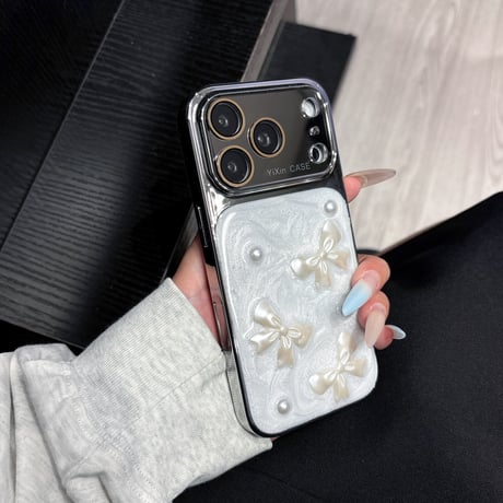 メッキミラー iPhone17Pro/17ケース リボンと真珠 iPhone16Pro/15Pro/14ケース 丈夫 人気デザイン[M6484]
