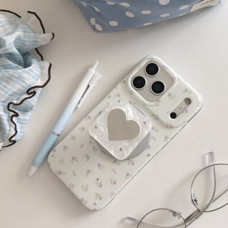 ハートミラーリングスタンド iPhone17/17Proケース MagSafe対応 iPhone16Pro/15/14ケース ダイヤデコパープル花柄 甘めコーデ [M6471]