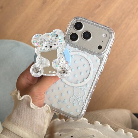 鏡を持ったクマちゃんグリップ iPhone17pro/17ケース MagSafe対応 iPhone16/15promax/14ケース かわいい 多機能便利[M6284]