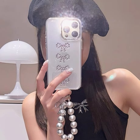 ストーンリボン iPhone15/15proケース チャーム付 iPhone14/13pro/12クリアケース かわいい 女子力アップ[M4447]