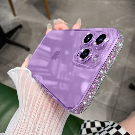 【iPhone16対応】ラメ入り枠 iphone15Pro/14/13/12promaxカバー  キラキラ シンプル オシャレカメラレンズカバー  全面保護 高品質 薄型 黄ばまない[M1877]