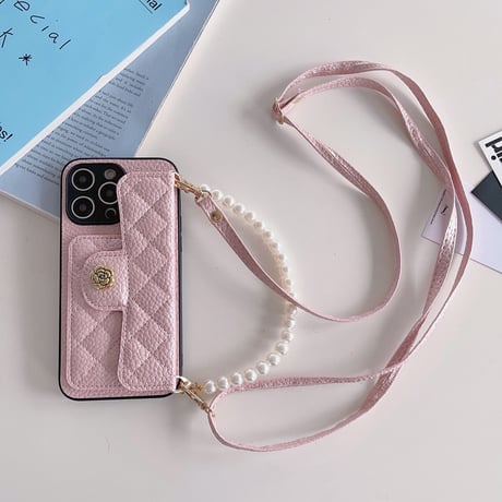 iPhone15/15Proケース ショルダー カード収納 真珠 レザー iPhoneSE第3世代/14Proカバー キルティングデザイン[M3547]