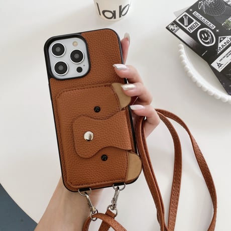 クマちゃんカード入れ iPhone15/14proケース 革製 アイフォン13/12mini/11カバー 肩掛けストラップ 高品質シック 11色[M3417]