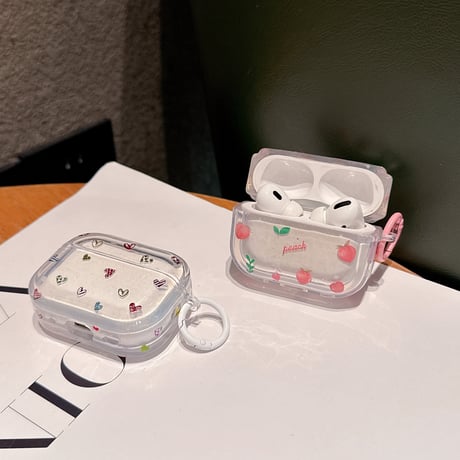 ピーチ/ハート柄 AirpodsPro3ケース  クリア Airpods4/3カバー pro2/Pro1ケース 可愛い 甘めコーデ[M6473]