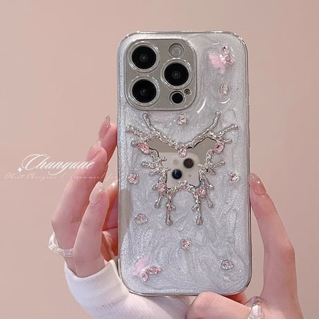 蝶ミラー iPhone16Pro/16ケース 宝石デコ iPhone15pro/14/13/12カバー カメラ保護 おしゃれ [M4710]