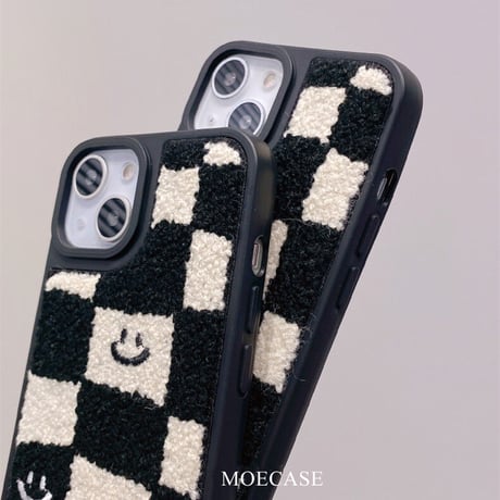 刺繡 にこちゃん iphone14pro/14plusケース  チェック柄 iphone13/12/11カバー 可愛い 秋冬グッズ 手さわりいい[M2347]