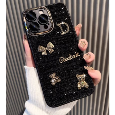 布地 iPhone16/15plusケース  放熱仕様 iPhone14/13proソフトケース カメラ保護 リボン熊ちゃんデコ 秋冬人気[M3618]