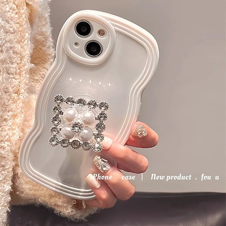真珠/ジュエリーグリップ  iphone15/15Proケース うねうね キラキラ iphone14/13Pro/12カバー ホワイト トレンド感 ギフトにおすすめ[M3747]