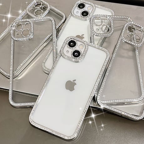 ジュエリー枠 iphone14pro/14plusケース  花のカメラレンズ iphone13/12/11カバー シルバーカラー枠クリアケース[M2331]
