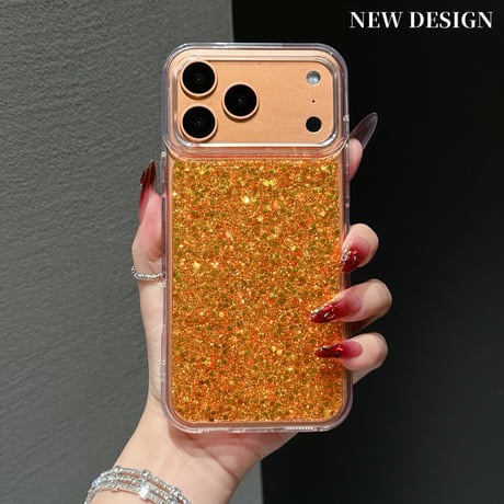 オレンジグリッター iPhone17Pro/17ProMaxケース キラキラ感 iPhone17/16Pro/15カバー オシャレ 艶感  [M5918]