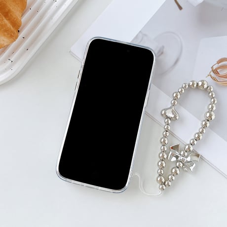 ジュエリー 鏡 iPhone15/15proケース ハンドメイド iPhone14pro/13/12カバー リボン/ハートストラップ付 豪華 M4152]
