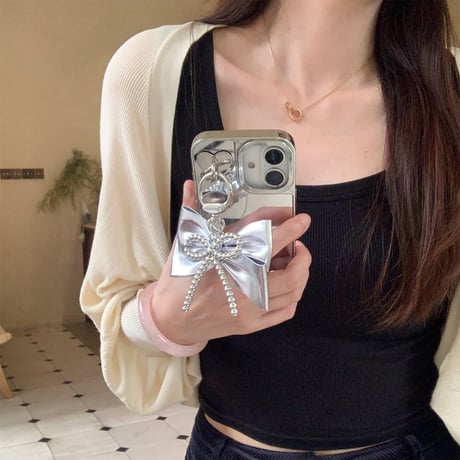 リボンチャーム iPhone16pro/16ケース 鏡 iPhone15/14pro/13promaxカバー 女子力高い おしゃれ シック [M5131]