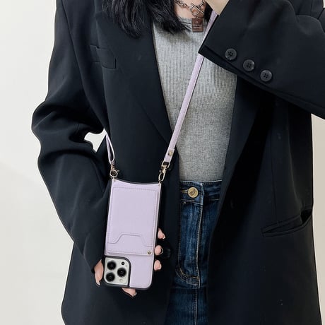 ICカード収納 ミラー iPhone14/14proケース 革製 ショルダー アイフォン13/12/SE3カバー シンプル風  実用 [M2283]
