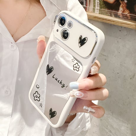 韓国風 鏡付iPhone15/15プロカバー Lucky/Happy iPhone14pro/13/12ケース お揃い 便利 [M4364]