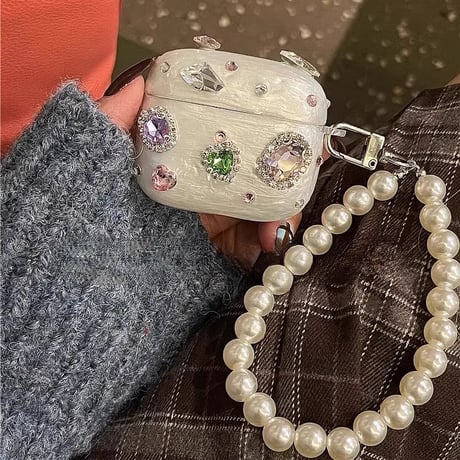 ダイヤデコ Airpods第4世代ケース キラキラ Airpods3/Pro2ケース airpodsproカバー パールストラップ付 上品 高級感高品質[M5116]