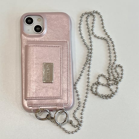 カード収納 iPhone15/15プロケース ショルダーチェーン付 ピンクiPhone14/13pro/12ケース かわいい 便利 [M4156]