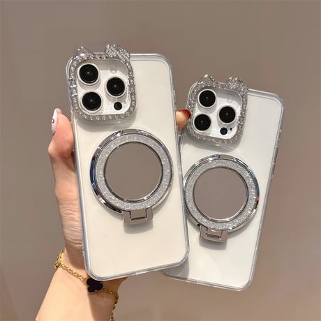 ミラー iPhone17/17Proケース ジュエリーリボンカメラ枠 iPhone17Air/17Promaxカバー スタンド機能 高透明[M5670]