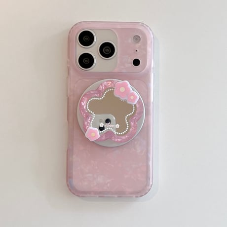 花型ミラーグリップ iPhone17Pro/17ケース MagSafe対応 シェル風 iPhone16Pro/15/14ケース 淡色系 ガーリーファッション[M6255]