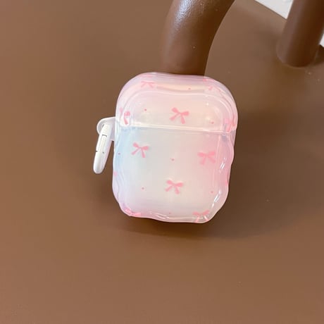 リボン柄 Airpods 4ケース グラデーションカラー ガーリーファッション Airpods3/2カバー Airpodspro2/pro リング/リボンキーチェーン うねうね[M4937]