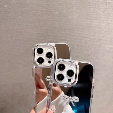 ジュエリーリボン iPhone16pro/16カバー メイク鏡付 iPhone15ptomax/14pro/13ケース おしゃれ 上品 可愛い [M5124]
